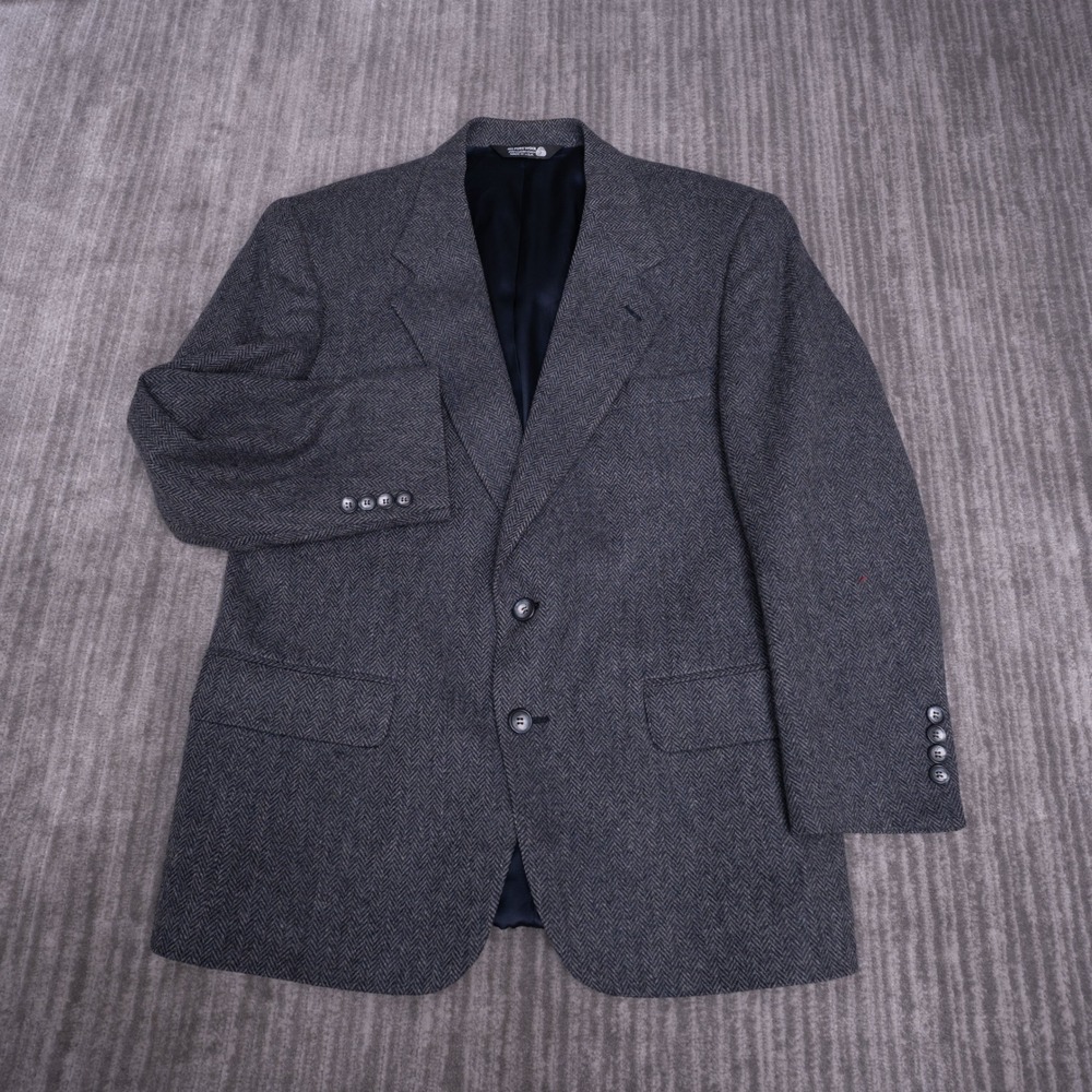John Alexander Blazer Mens 40R Wool Herringbone Grey Navy Sport Coat EUC